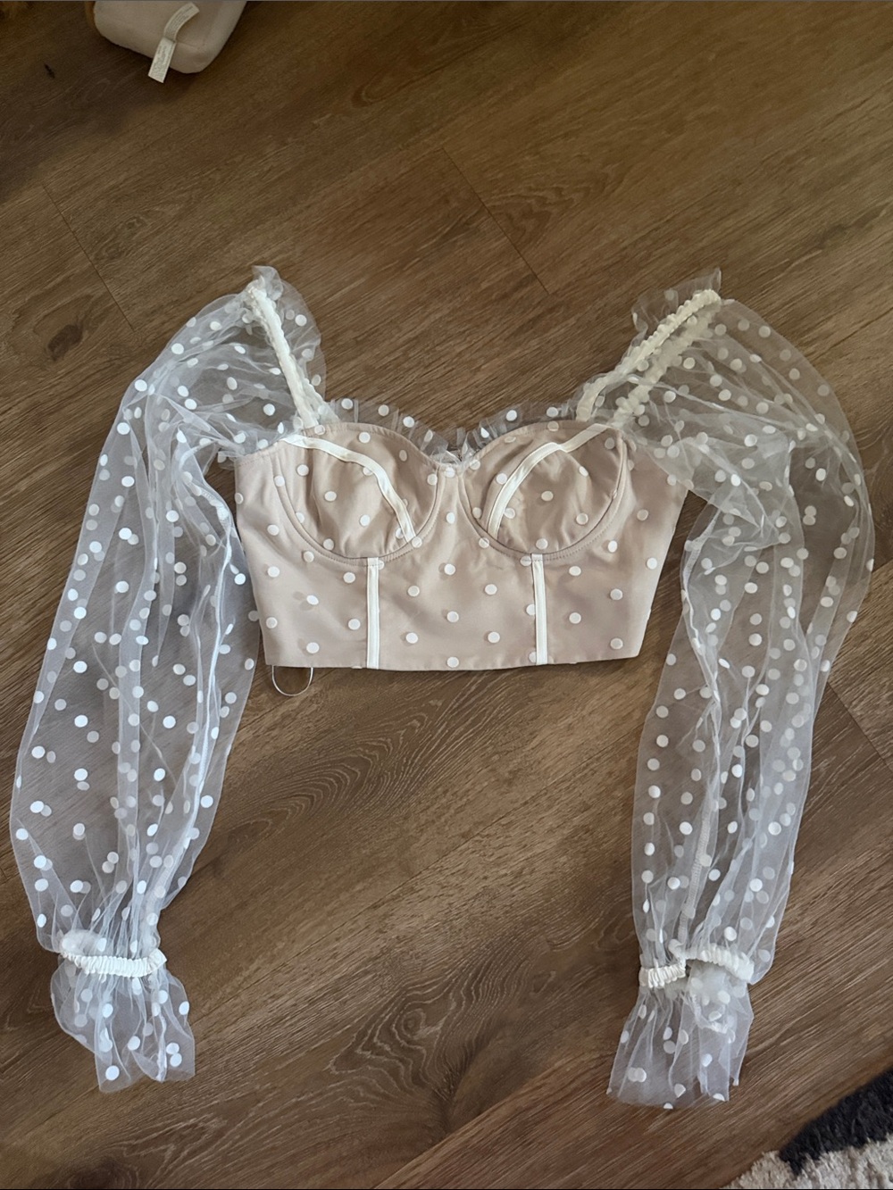 Hello Molly Sheer Polka Dot Puff Sleeve Bustier Top in Cream